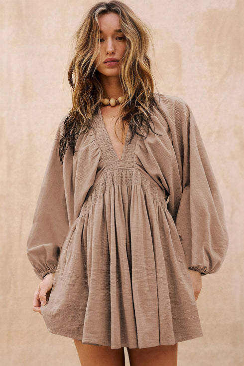 Deep V Bubble Sleeve Smocked Waist Mini Dress
